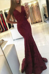 Charming Burgundy Lace V-neck Mermaid Long Prom Dresses For Teens
